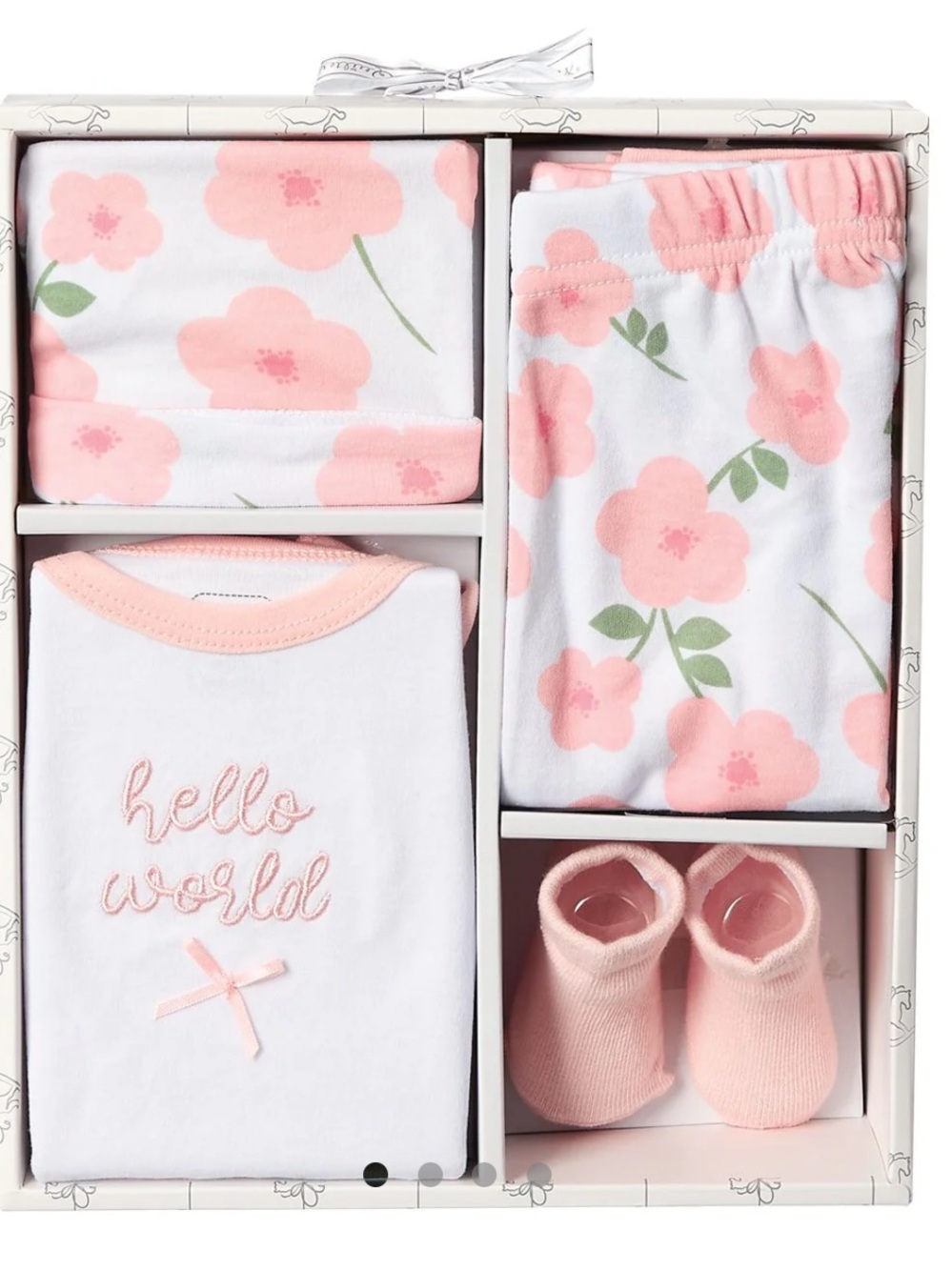 NIB Newborn baby girl gift box with floral hat, onesie, pants, socks pink